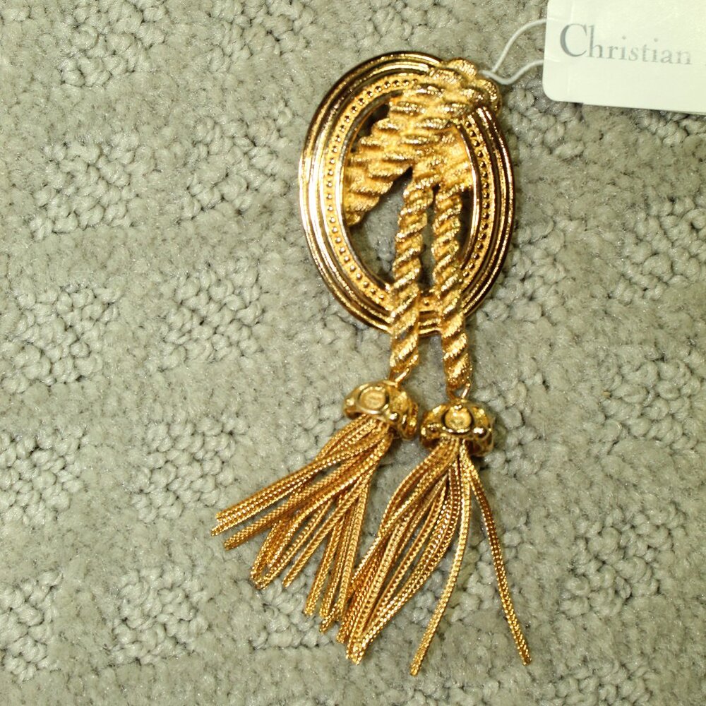 Christian Dior Brooch 1980s Vtg Medallion Double Tassel Fringe Chunky German Art